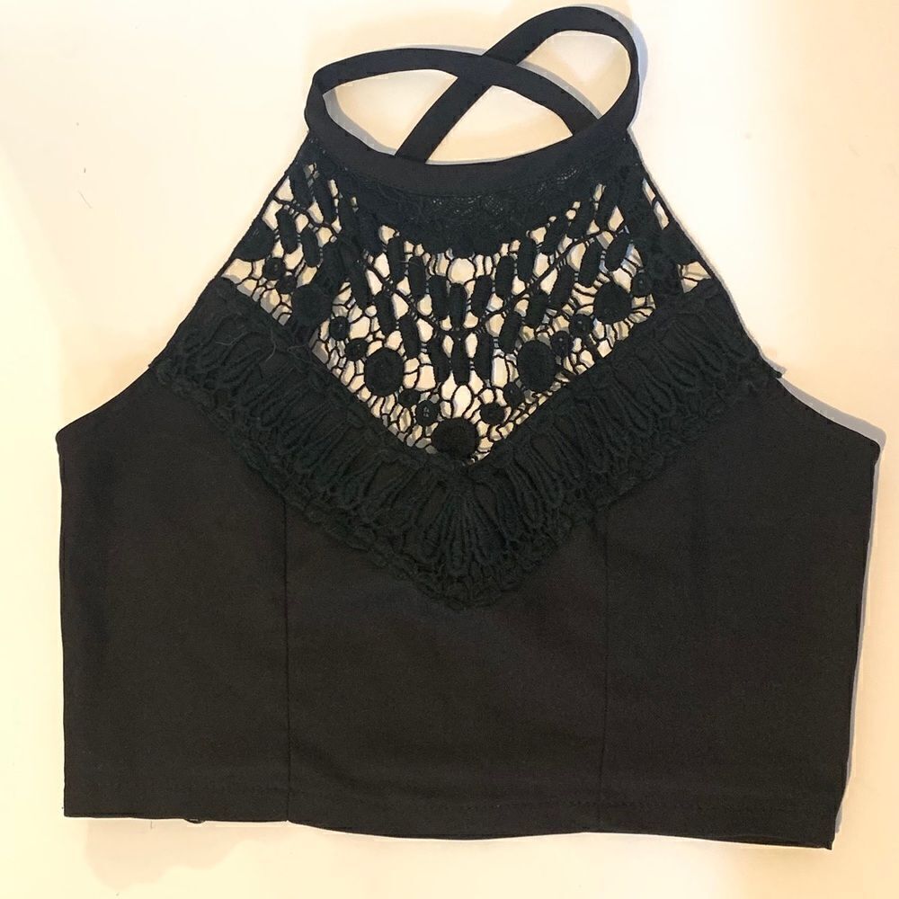 LF Black Crochet High Neck Crop Top